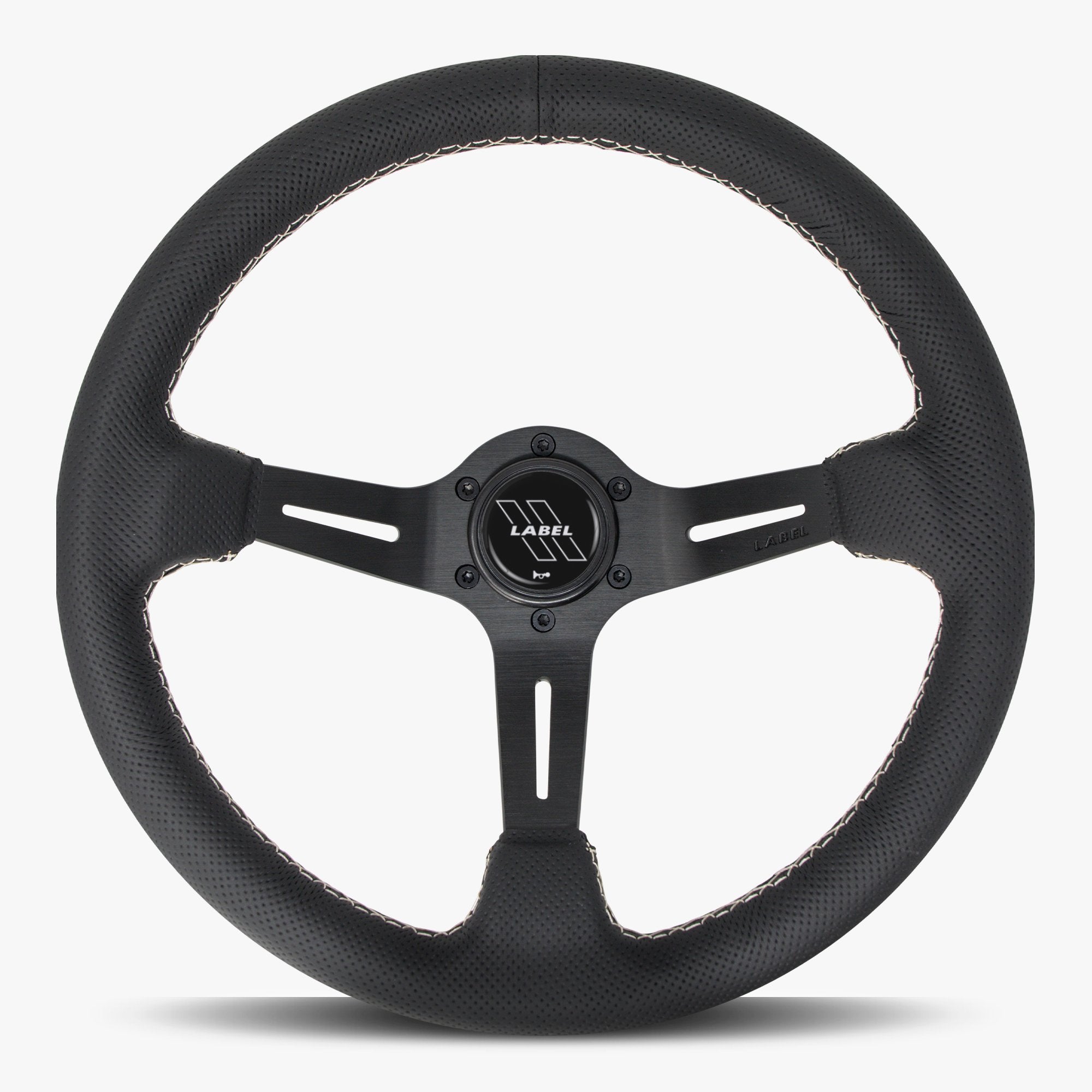 Label Gruppe Le Mans 350mm Steering Wheel | Black Perforated Leather | Black Spokes | White Stitch