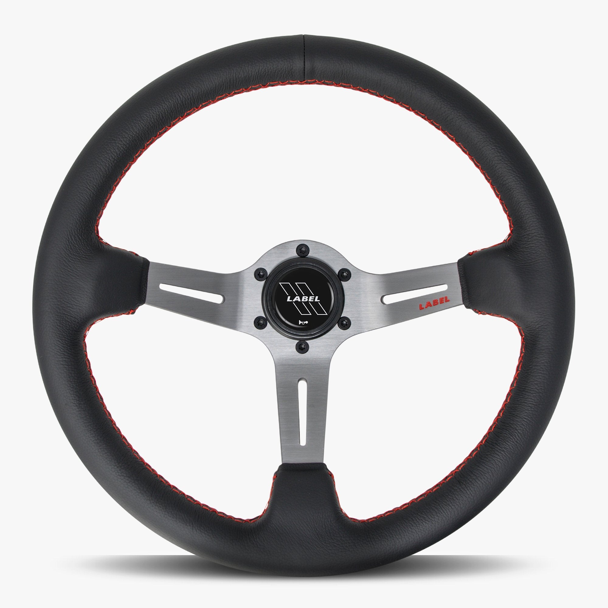 Label Gruppe Le Mans 350mm Steering Wheel | Black Leather | Graphite Spokes | Red Stitch