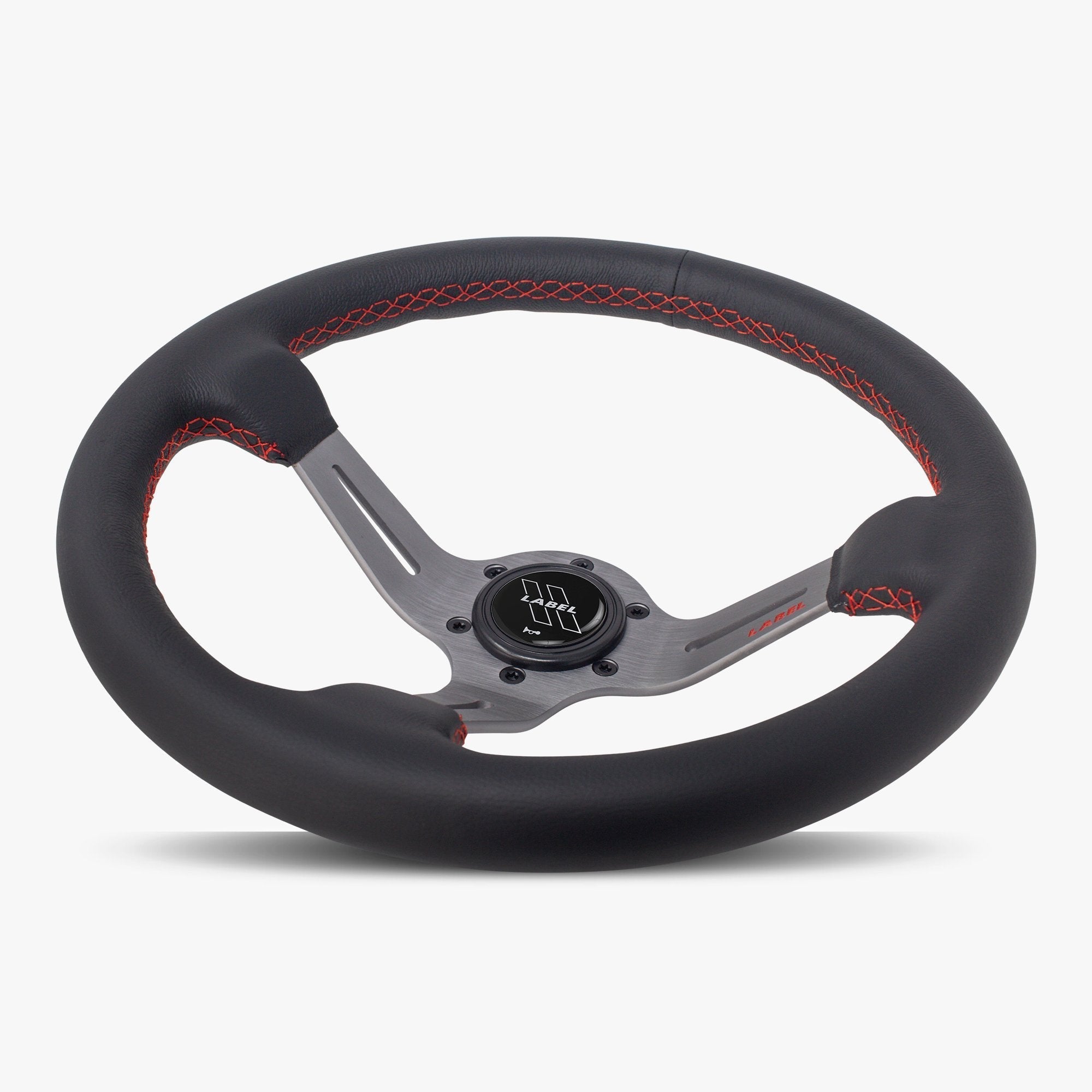 Label Gruppe Le Mans 350mm Steering Wheel | Black Leather | Graphite Spokes | Red Stitch