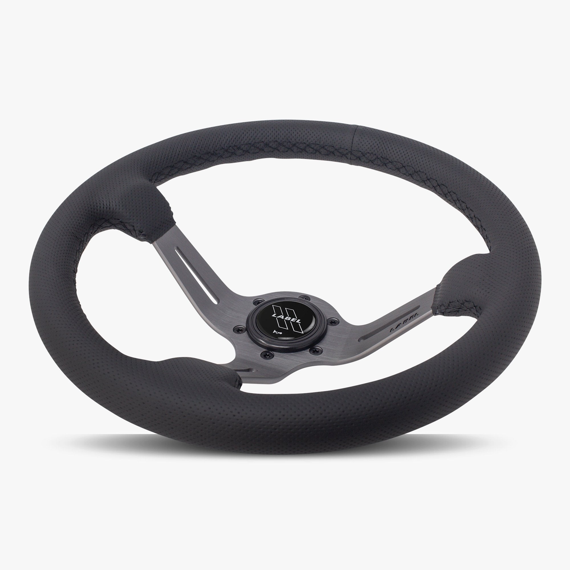 Label Gruppe Le Mans 350mm Steering Wheel | Black Perforated Leather | Graphite Spokes | Black Stitch