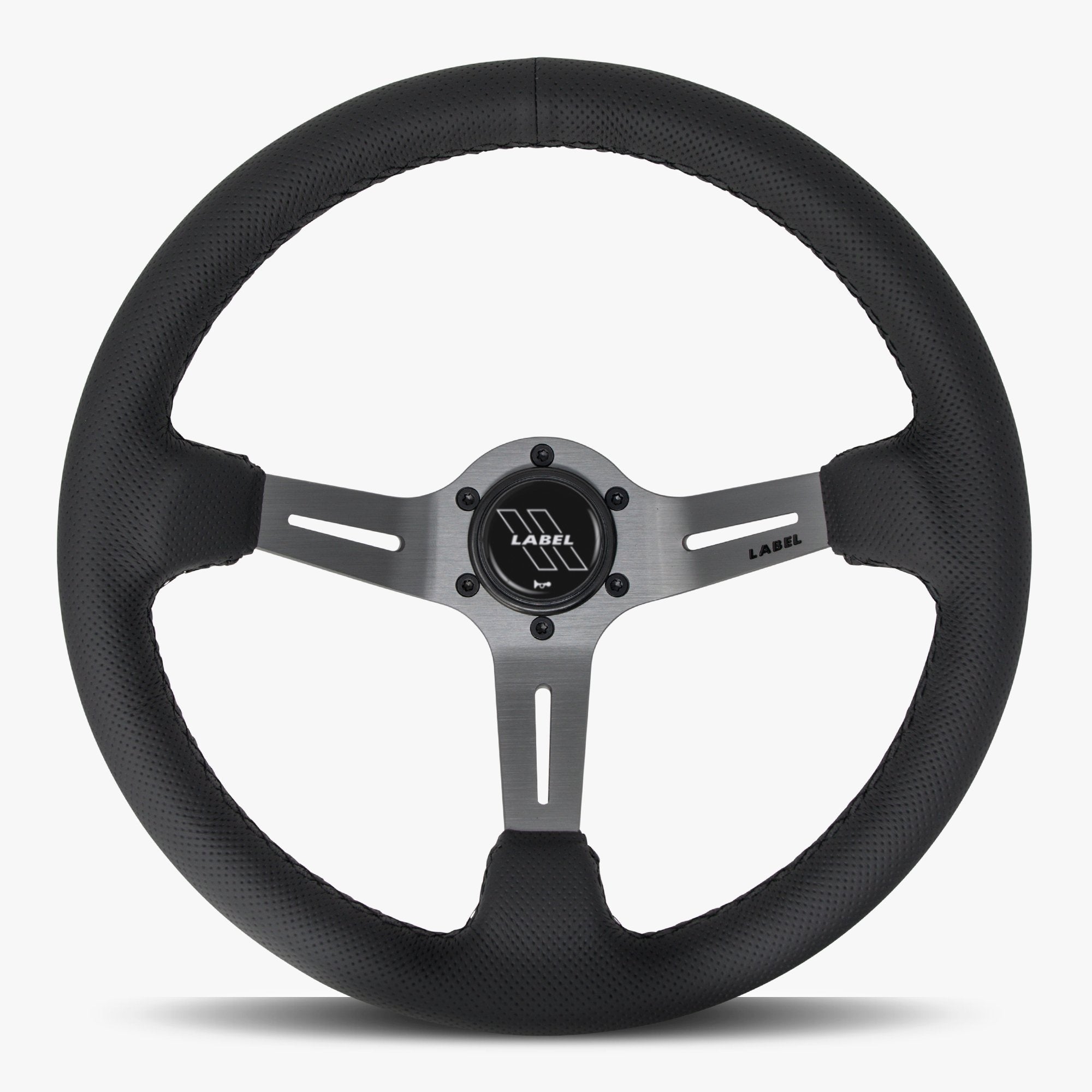 Label Gruppe Le Mans 350mm Steering Wheel | Black Perforated Leather | Graphite Spokes | Black Stitch