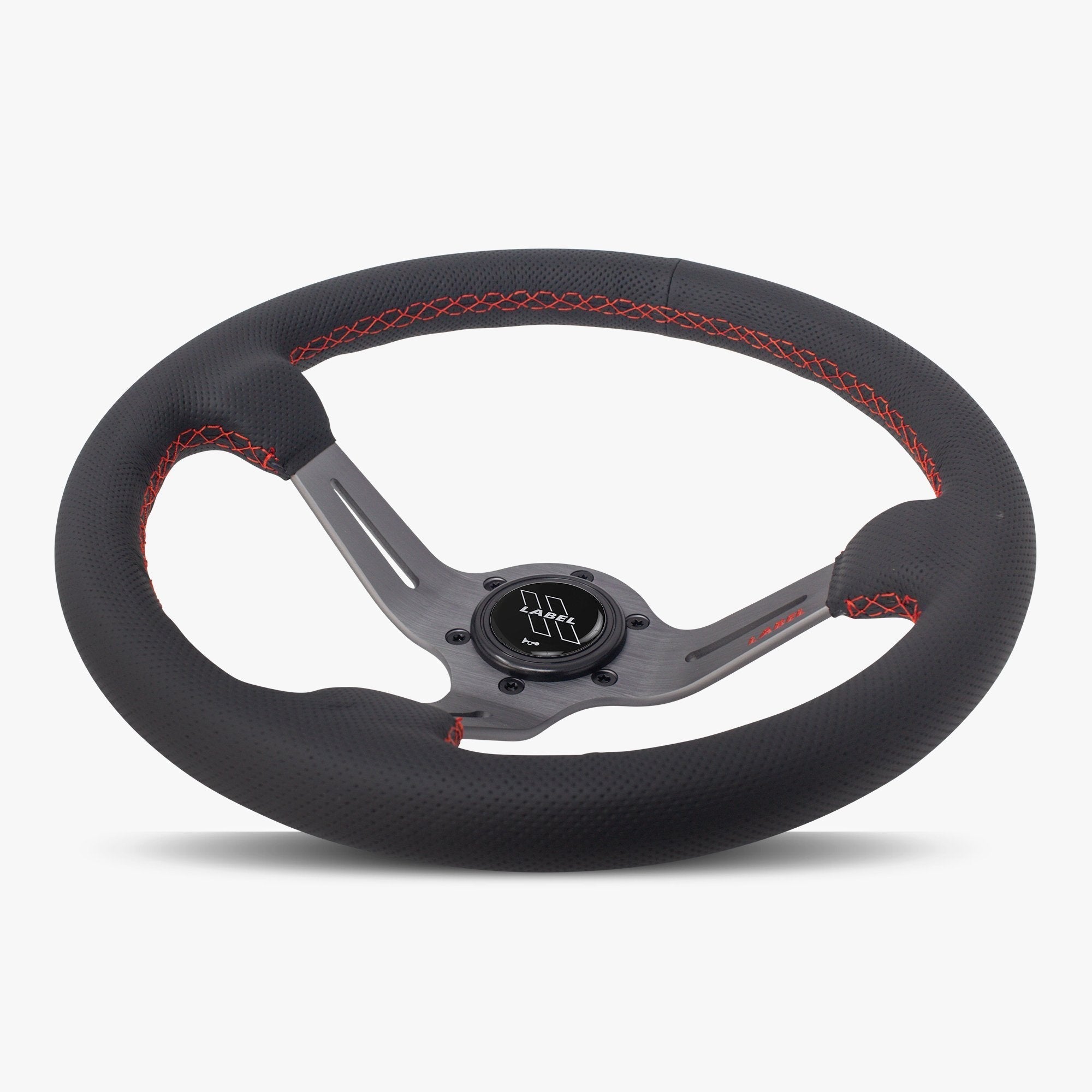 Label Gruppe Le Mans 350mm Steering Wheel | Black Perforated Leather | Graphite Spokes | Red Stitch