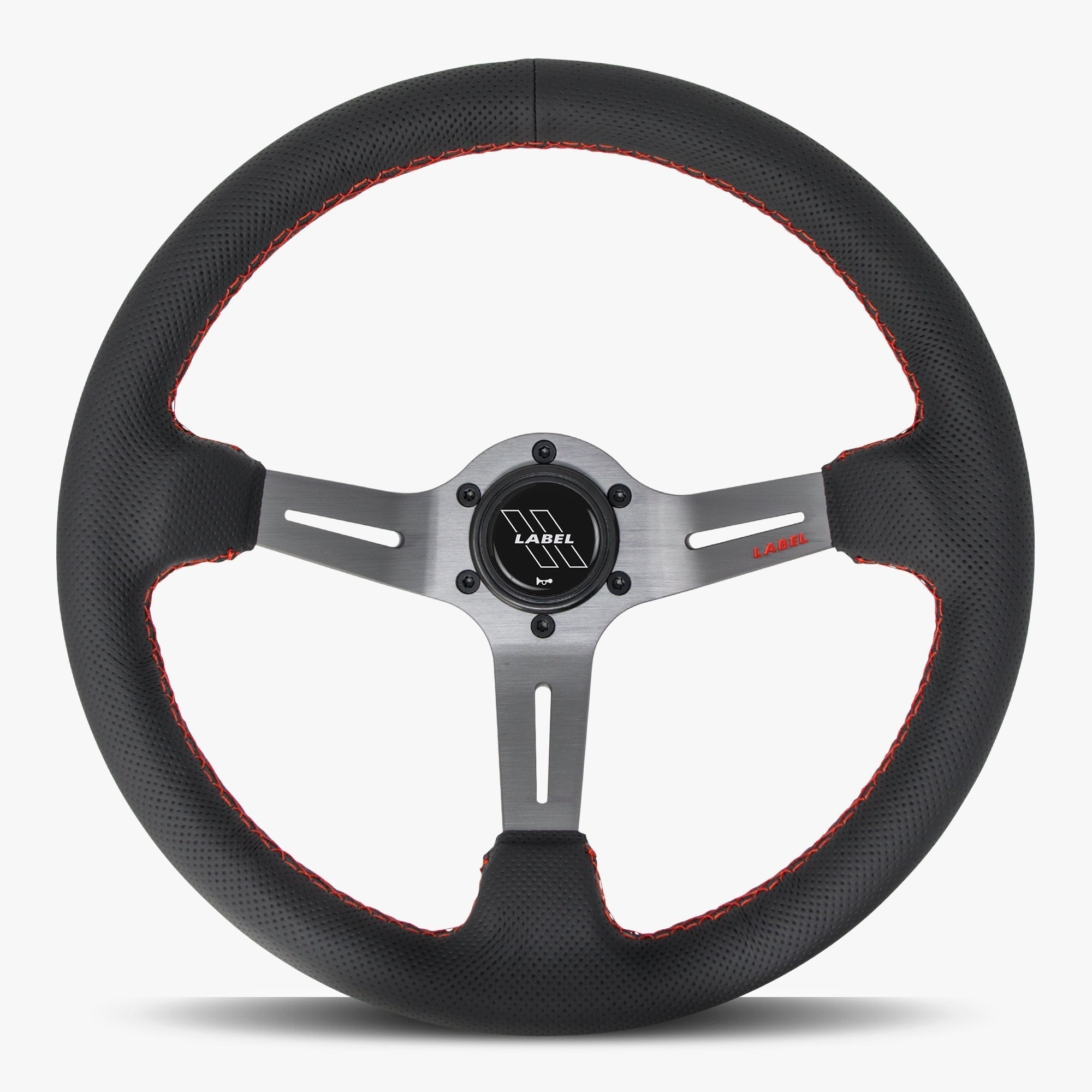 Label Gruppe Le Mans 350mm Steering Wheel | Black Perforated Leather | Graphite Spokes | Red Stitch