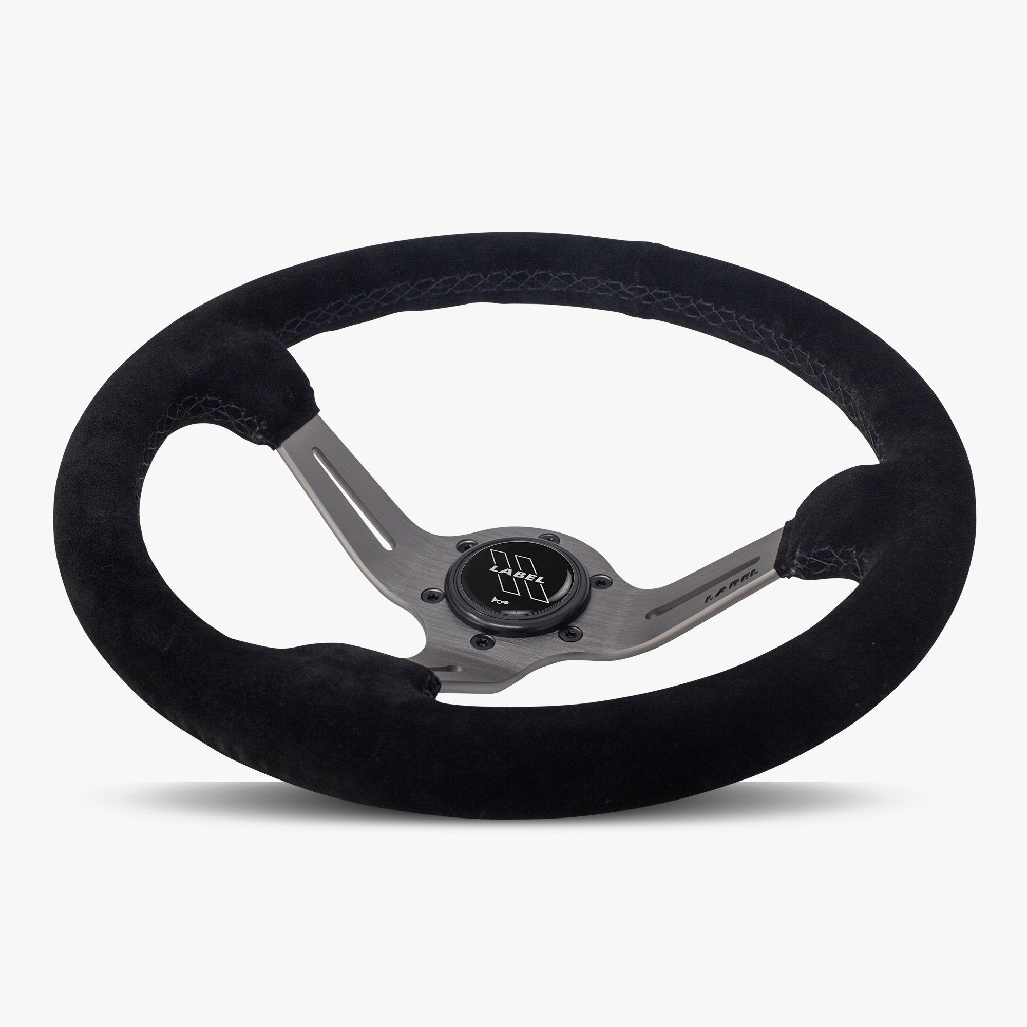 Label Gruppe Le Mans 350mm Steering Wheel | Black Alcantara Suede | Graphite Spokes | Black Stitch