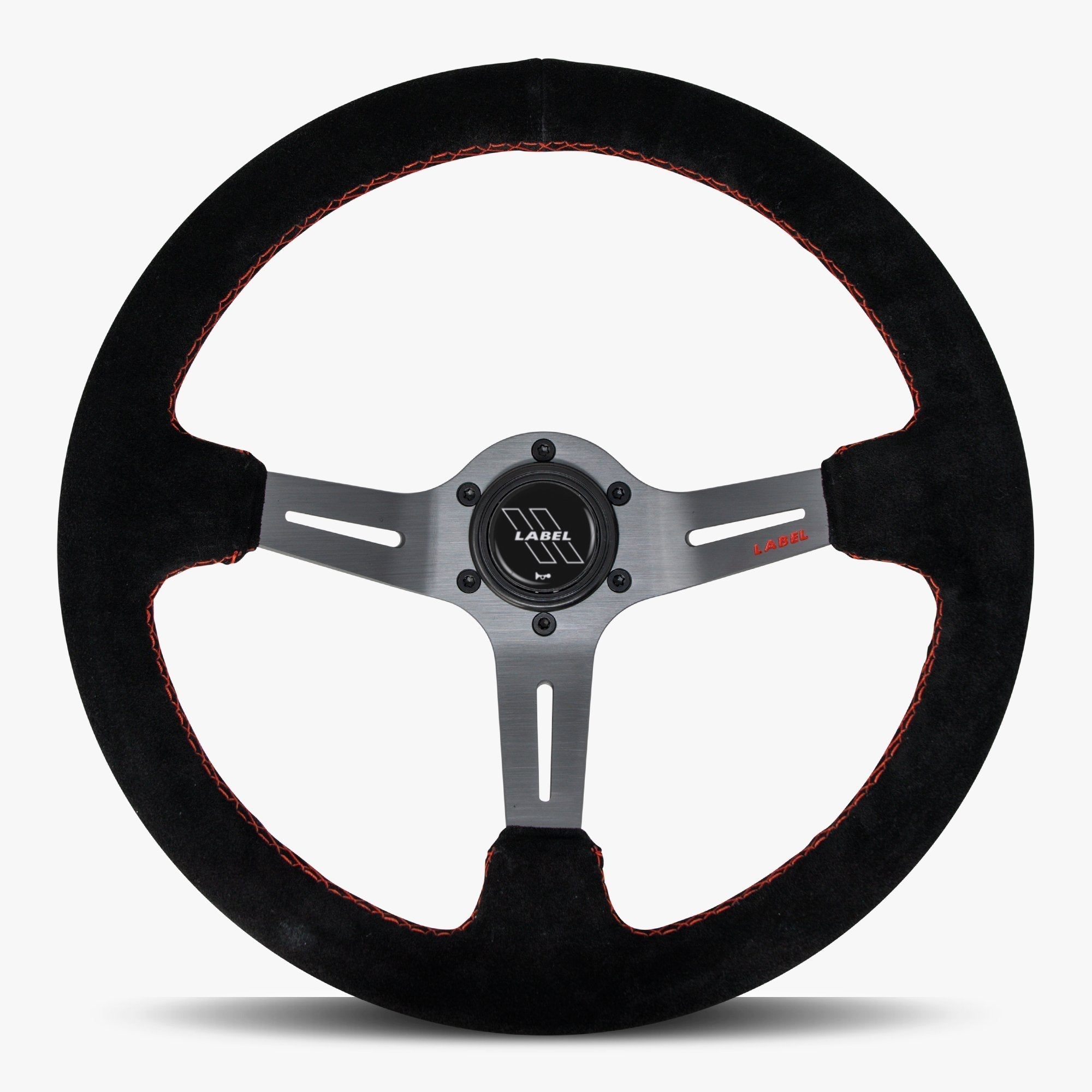 Label Gruppe Le Mans 350mm Steering Wheel | Black Alcantara Suede | Graphite Spokes | Red Stitch