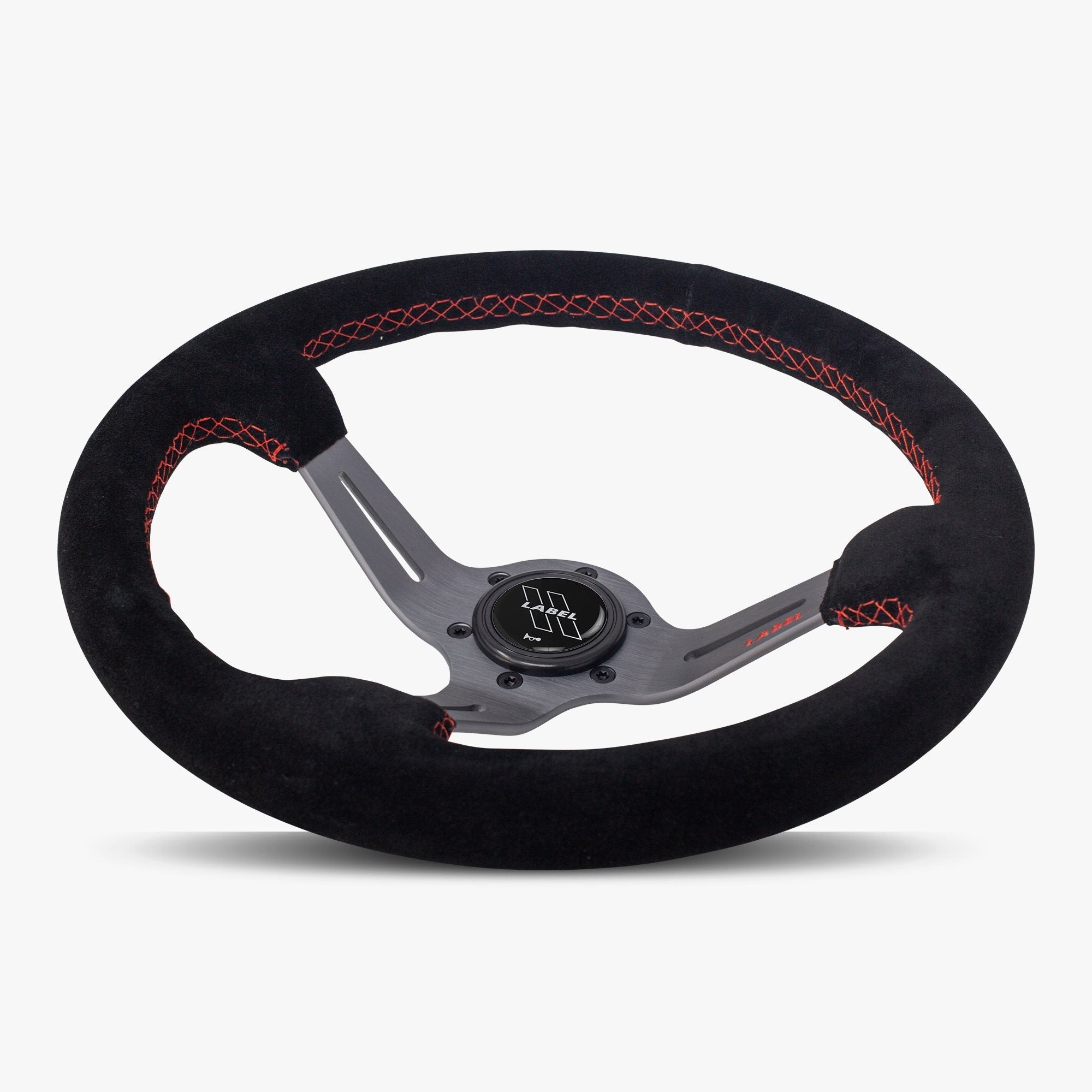 Label Gruppe Le Mans 350mm Steering Wheel | Black Alcantara Suede | Graphite Spokes | Red Stitch