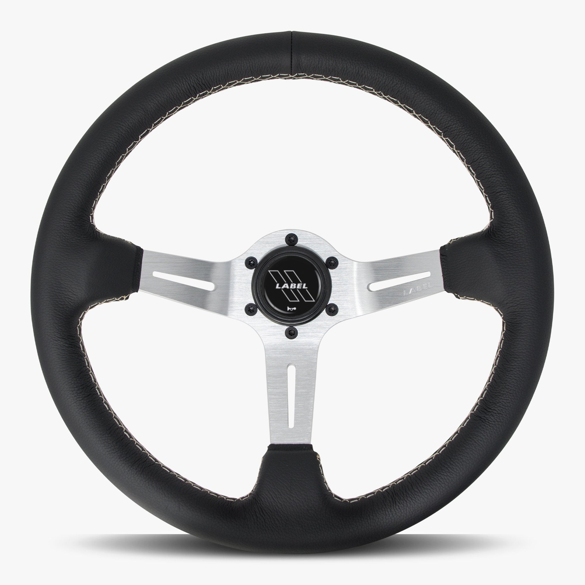 Label Gruppe Le Mans 350mm Steering Wheel | Black Leather | Silver Spokes | White Stitch