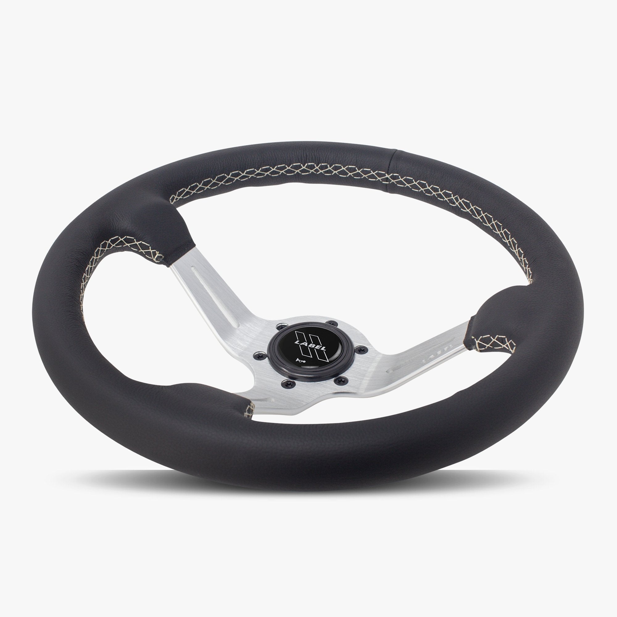 Label Gruppe Le Mans 350mm Steering Wheel | Black Leather | Silver Spokes | White Stitch