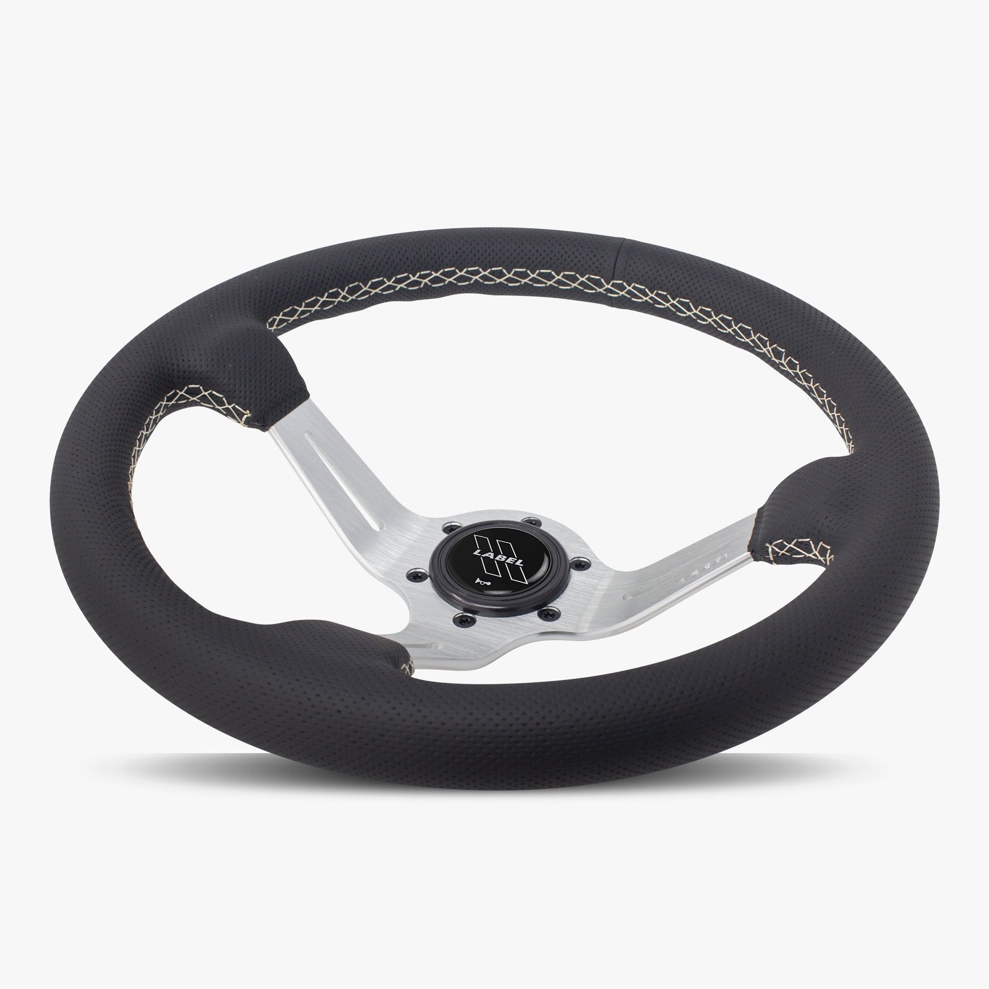 Label Gruppe Le Mans 350mm Steering Wheel | Black Perforated Leather | Silver Spokes | White Stitch