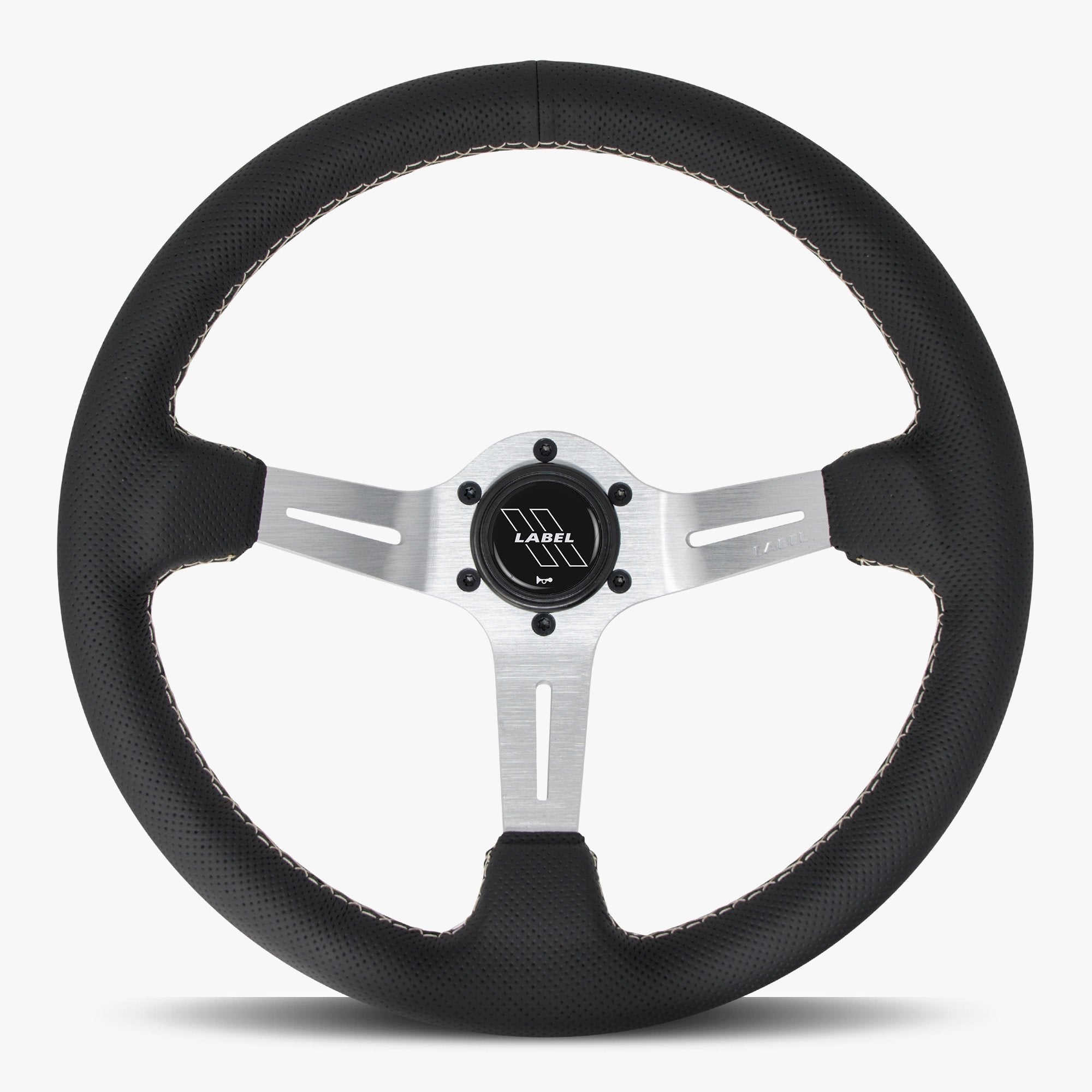Label Gruppe Le Mans 350mm Steering Wheel | Black Perforated Leather | Silver Spokes | White Stitch