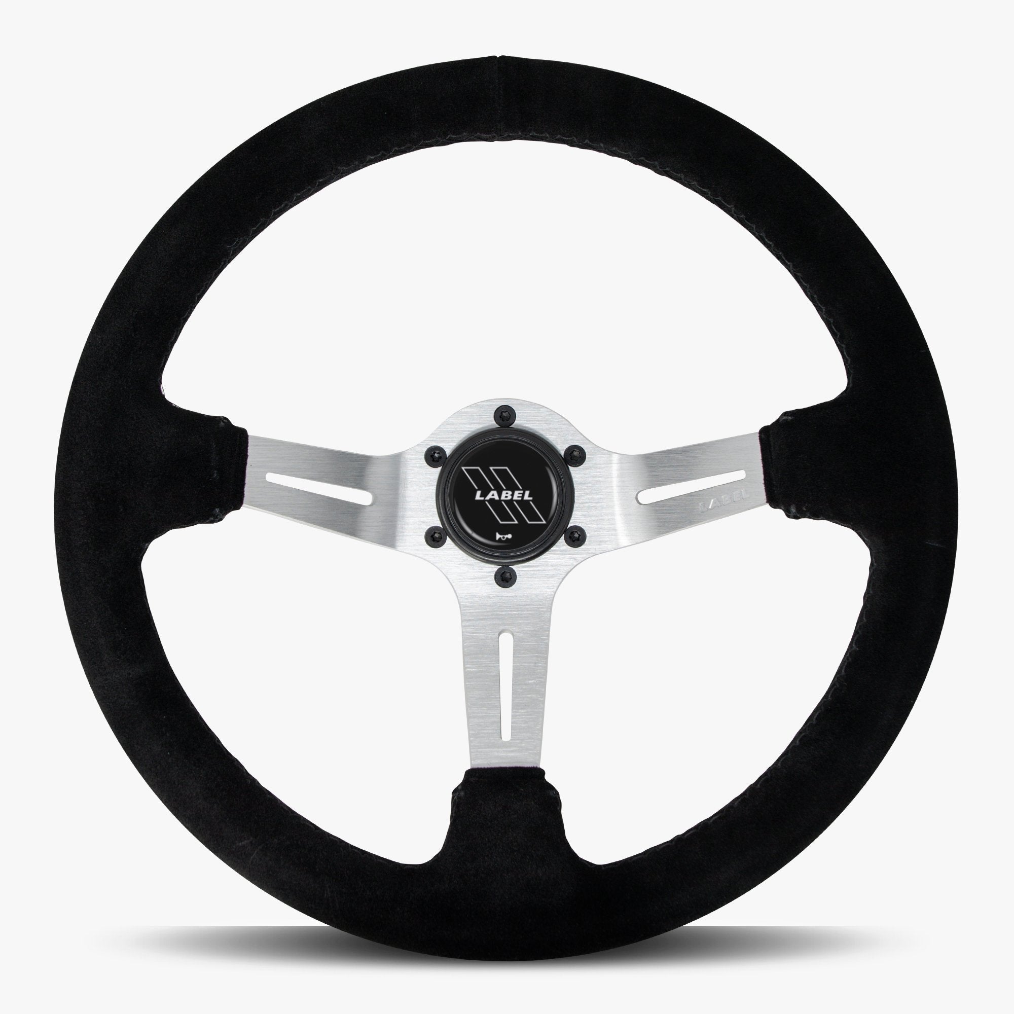 Label Gruppe Le Mans 350mm Steering Wheel | Black Alcantara Suede | Silver Spokes | Black Stitch