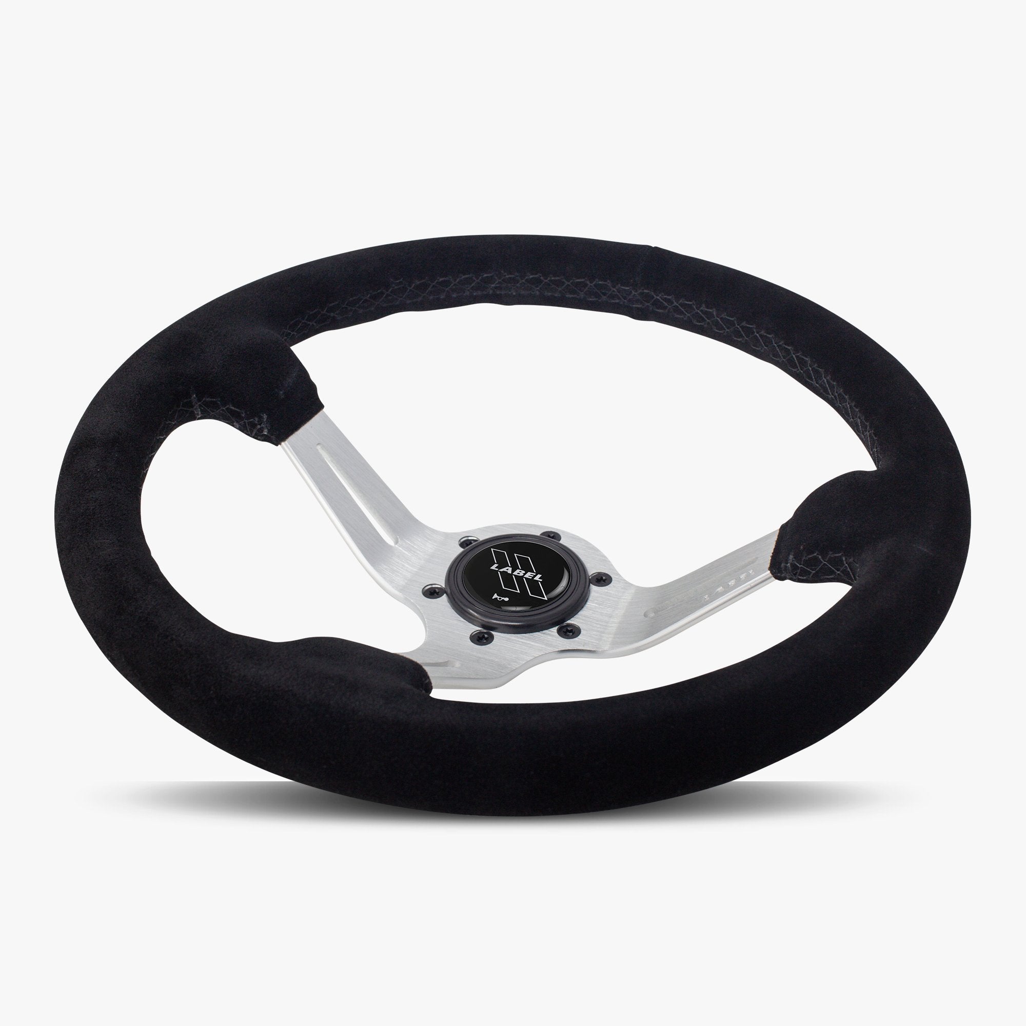 Label Gruppe Le Mans 350mm Steering Wheel | Black Alcantara Suede | Silver Spokes | Black Stitch