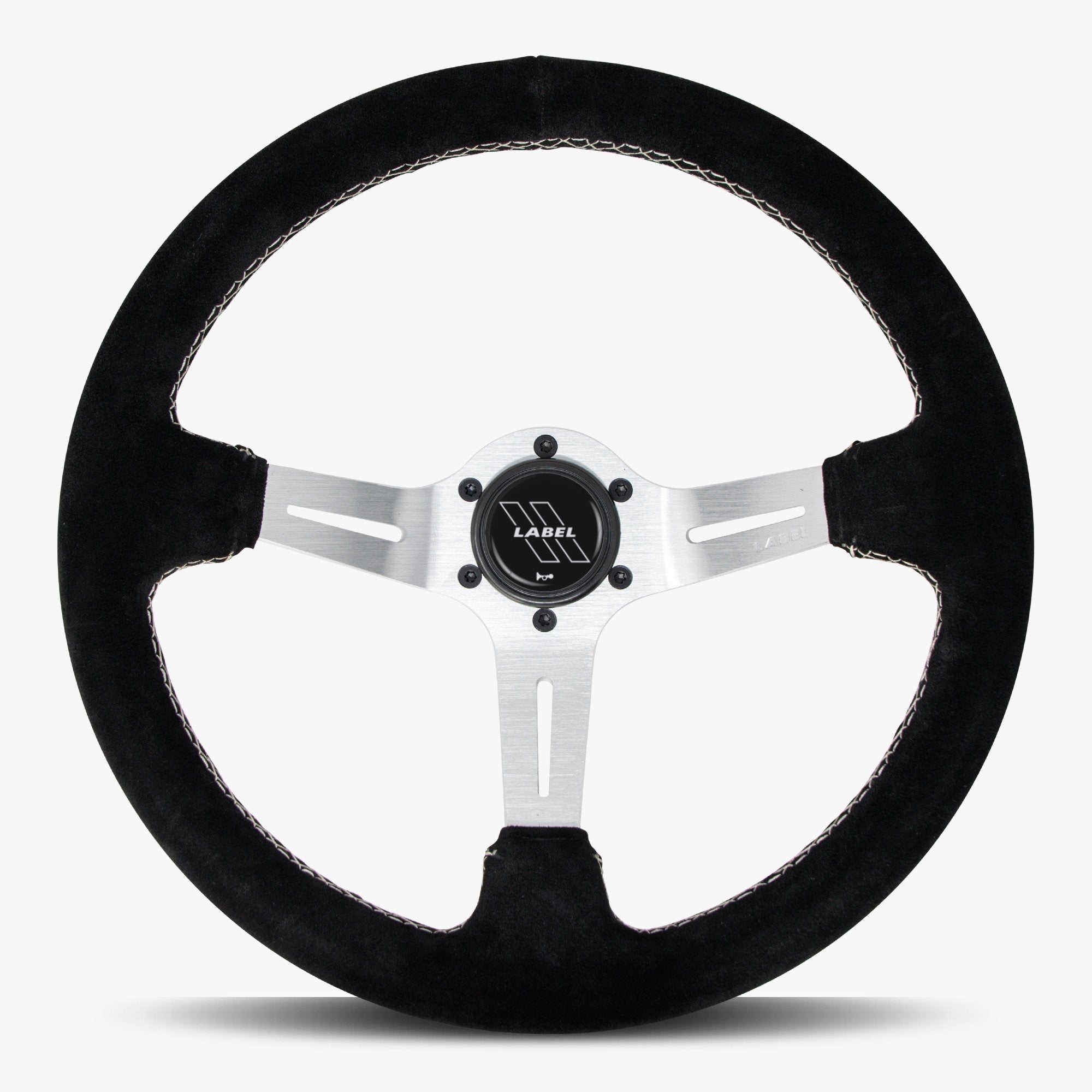 Label Gruppe Le Mans 350mm Steering Wheel | Black Alcantara Suede | Silver Spokes | White Stitch