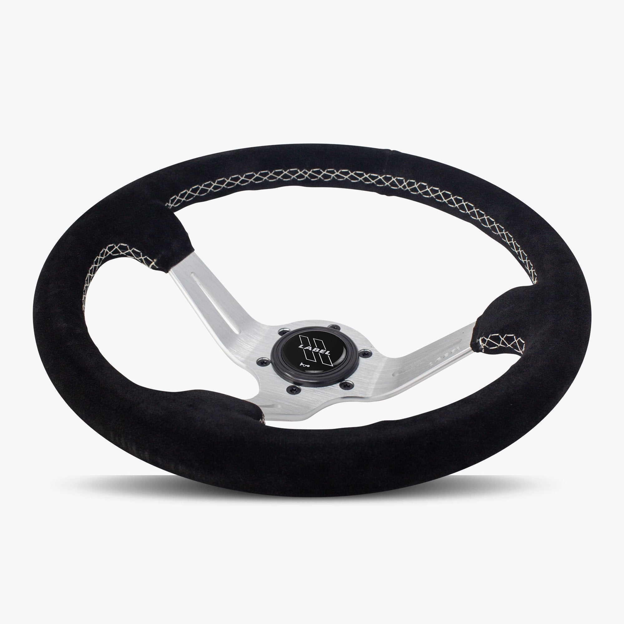 Label Gruppe Le Mans 350mm Steering Wheel | Black Alcantara Suede | Silver Spokes | White Stitch