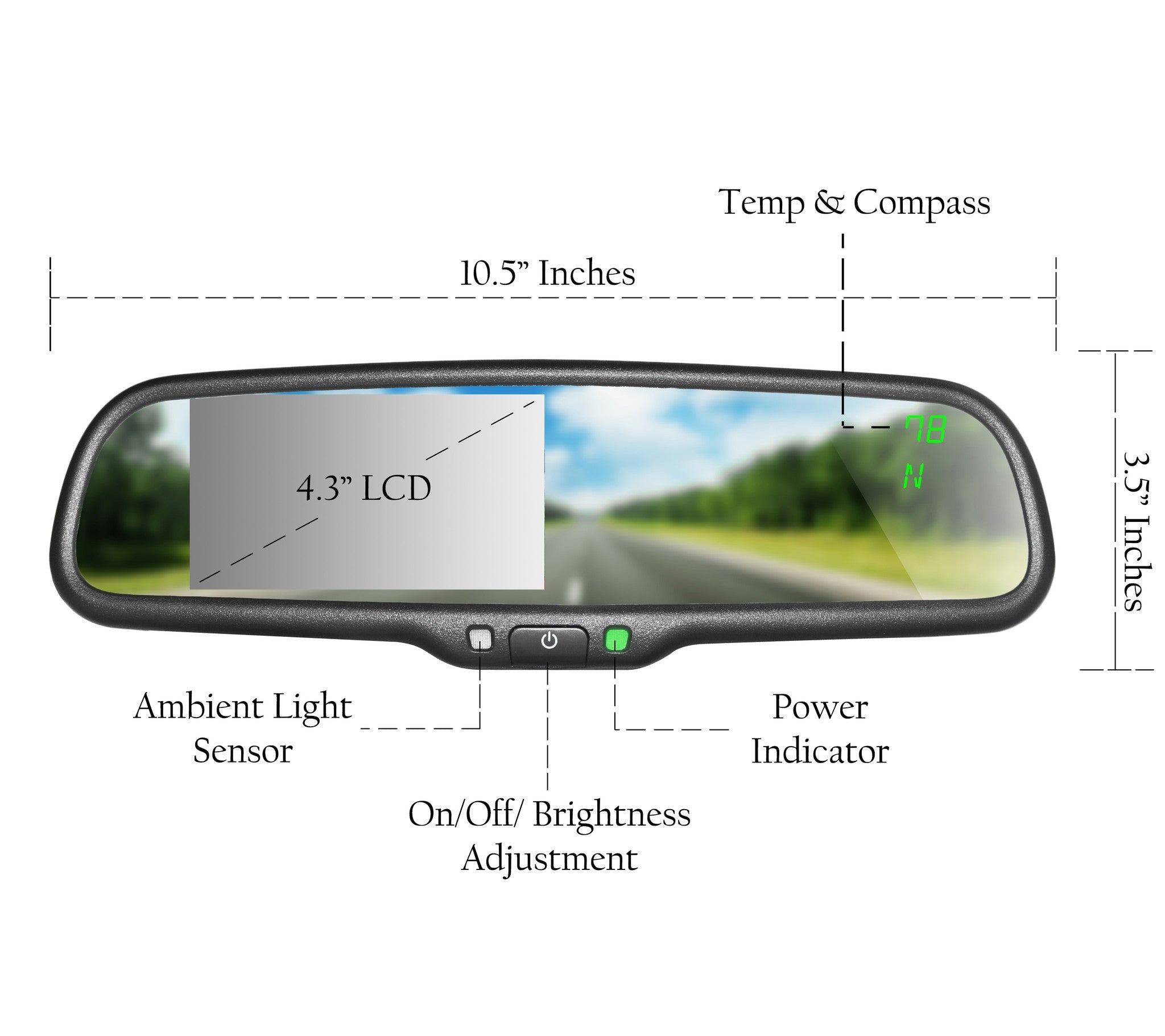 Master Tailgaters 10.5" Rear View Mirror with 4.3" LCD Screen + Compass & Temperature | Rearview Universal Fit Mount | Auto Adjusting Brightness LCD | Anti Glare | Full Original Mirror Replacement